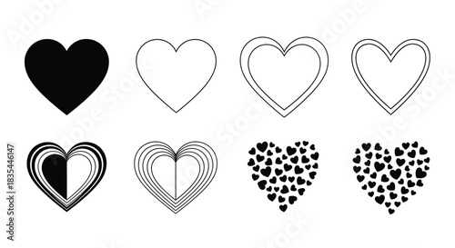 Variations of heart shapes solid outlined and patterned designs displayed