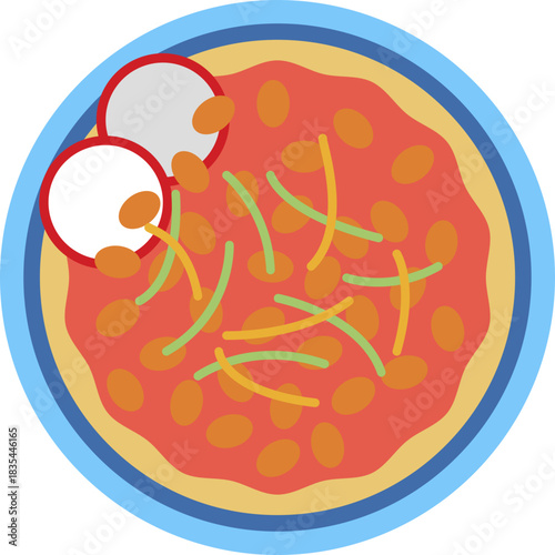 A traditional Mexican soup bowl filled with hominy, meat, and garnishes like lettuce and radish.
