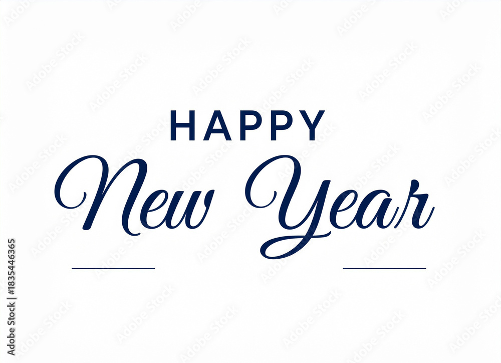Fototapeta premium Elegant Happy New Year Calligraphy on White Background, Festive Greeting.