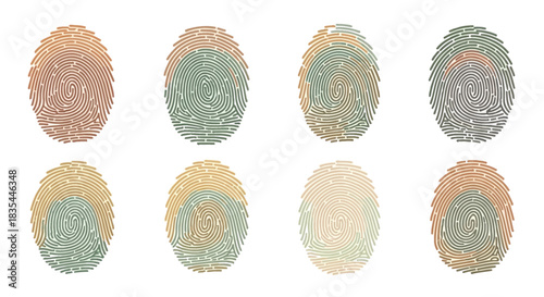 An arrangement of colorful fingerprints in varying shades and patterns