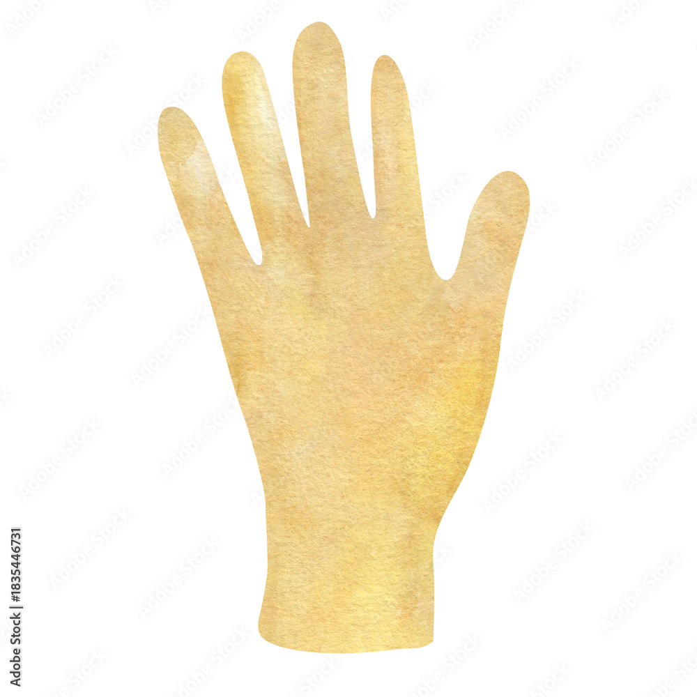 Obraz premium Single yellow rubber glove for cleaning and household chores. Bright watercolor illustration isolated on a white background. Functional design for domestic lifestyle themes, gardens