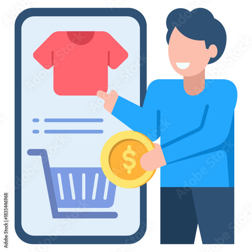 Happy customer easily makes a successful online purchase using mobile shopping app for clothing