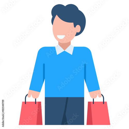 Smiling happy customer holding two bright shopping bags after successful retail purchases