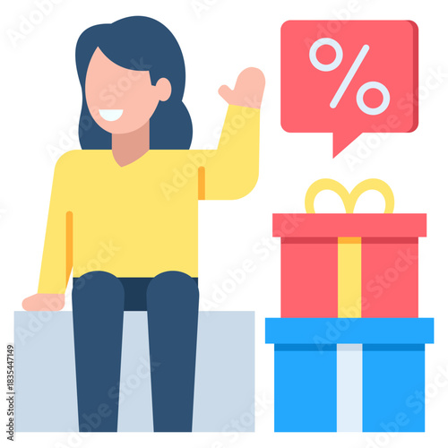 Happy customer celebrating massive percentage discount surrounded by gift boxes and savings