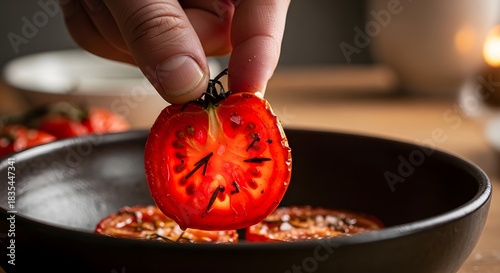 Hand placing a vibrant seasoned tomato slice into a rustic bowl for healthy gourmet cooking concept and fresh ingredients