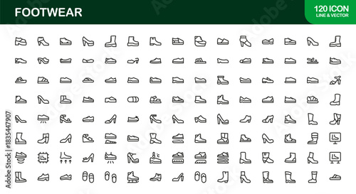 Footwear line icon set with modern details. Footwear Professional Line Icon Set – Modern, Minimal, and Stylish Outline Vector Icons Featuring Shoes, Sneakers, Heels, Boots, and More