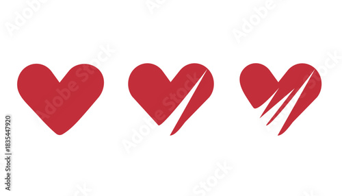 A set of three hearts in red shade