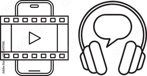 Smartphone film strip and headphones with speech bubble silhouette