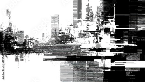 Abstract grayscale glitch art cityscape with digital distortion and fragmented lines Vector, illustration