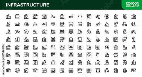 Modern Infrastructure Line Icon Set – Professional minimal vector symbols for urban planning, construction, and technology.
