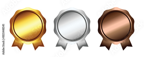 Isolated gold silver and bronze medals with ribbons on a white background in a horizontal arrangement