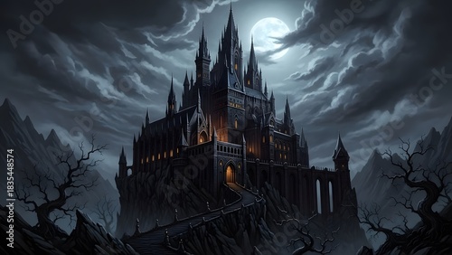 Dark Gothic Castle on Hilltop Under Full Moon at Night perfect for book cover, movie poster, game asset, Halloween decor, website background, blog post