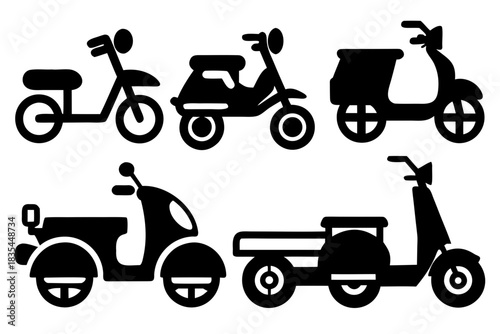 Collection of different style scooter silhouettes in black and white