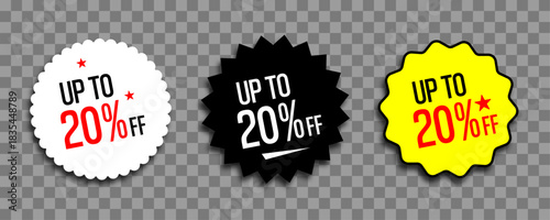 Discount badges with up to 20% off, perfect for sales and promotions. These colorful badges are ideal for highlighting special offers and attracting customers to your products or services