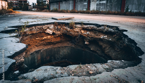 Deep chasm formed in cracked asphalt ground with dry vegetation growing in debris illuminated by warm sunlight creating a dangerous pitfall scene