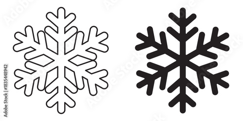 A collection of black snowflake vector graphics featuring both solid and outline designs, representing winter, cold, and festive seasons
