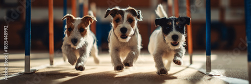 Three small terriers run energetically across raised platforms in a spacious training hall filled with agility equipment. Their playful spirit showcases fitness and wellness in animals, banner