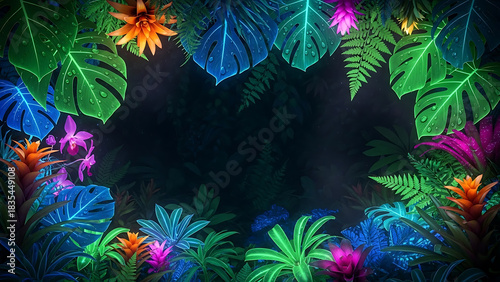 Neon jungle frame with glowing tropical plants