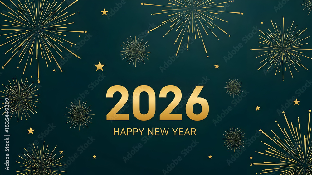 Naklejka premium Elegant 2026 new year celebration with golden fireworks and stars on a dark teal background
