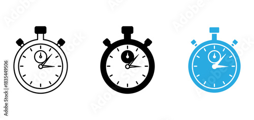 Stopwatch icons in black outline and blue silhouette for time management