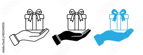Hand holding gift box icons in outline silhouette and color