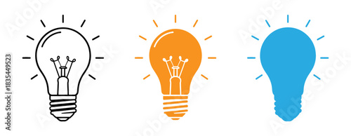 Three light bulbs representing ideas innovation and creative thinking in different styles