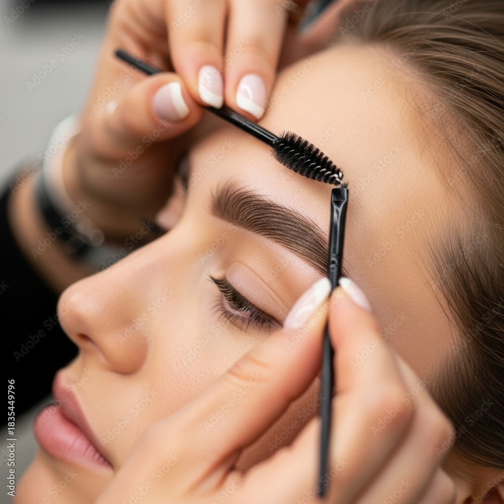 Obraz premium Professional makeup artist brushing up a model's nano brows with a spoolie for a fluffy, natural look.