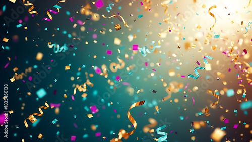 Confetti falling background with colorful streamers