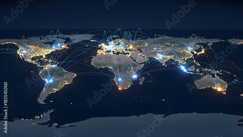 Global Network Connectivity and Data Flow on Digital World Map at Night perfect for Website banner, corporate presentation, technology report, business strategy