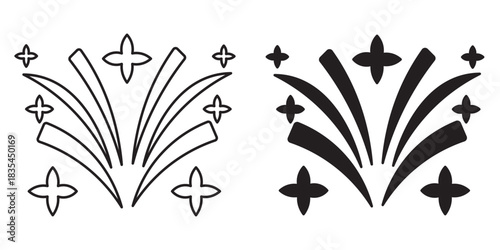 Vector illustration of stylized fireworks and stars in outline and solid black variations