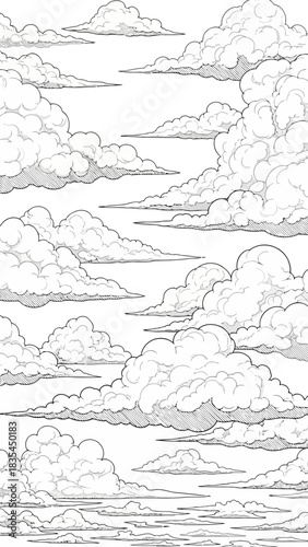 Dynamic black and white sky background illustration with turbulent cumulus clouds atmospheric landscape detailed drawing texture vector