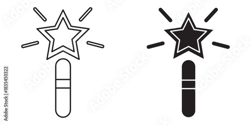 Sparkling magic wand outline and filled icon set, symbolizing wishes, dreams, enchantment, and fantasy for creative projects and mystical themes in graphic design