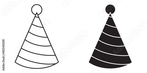 Celebration party hat illustration, festive occasion accessory in black and white line art and solid silhouette design