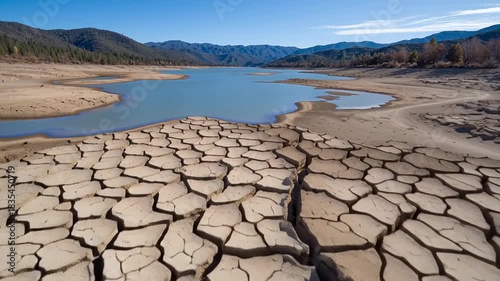 Arid landscape showing the parched, cracked ground of a receding lake bed. A stark depiction of water shortage and climate change