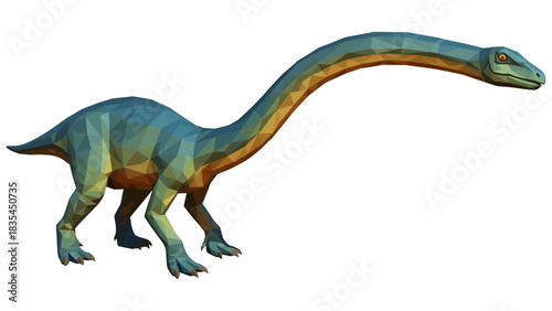 Colorful low poly dinosaur with long neck on white background