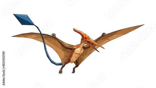 Polygonal pterodactyl with vibrant blue tail in flight