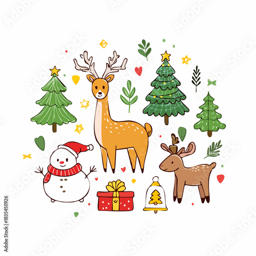 Set of  Christmas illustrations, Collection of festive winter holiday icons including a goose, deer, and Christmas tree for greeting cards and festive design, vector