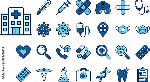 Blue Medical Healthcare Hospital Icons Set for Website Mobile App Interface and Graphic Design, Including Heart, Syringe, Ambulance, Virus, Pills, and First Aid Kit, Modern Vector Illustration