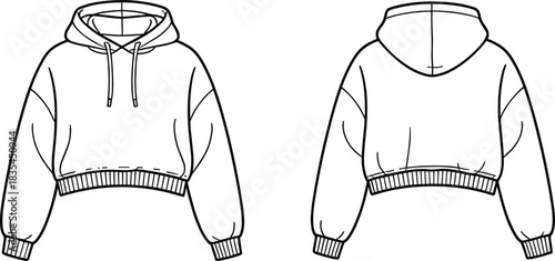 Cropped hoodie vector set with front and back fashion sketch, drawstring hood, ribbed cuffs and hem, and relaxed sleeve silhouette for garment design