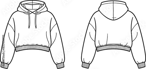 Cropped hoodie vector set with front and back fashion sketch, drawstring hood, ribbed cuffs and waistband, and relaxed sleeve seams for garment design