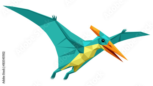 Colorful low poly pterodactyl in flight against white background