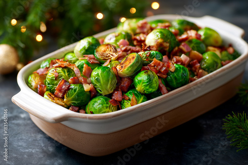 Brussels sprouts with bacon in ceramic baking dish. Christmas holiday side dish.