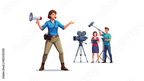 Film crew directing scene with megaphone and camera equipment on set