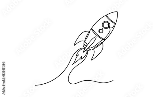 One continuous line drawing of simple retro spacecraft flying up to the outer space nebula. Isolated on transparent background