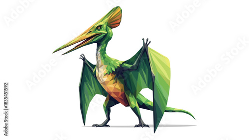 Polygonal pterodactyl design with vibrant colors and geometric shapes