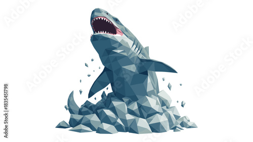 Geometric shark emerging from low poly ocean