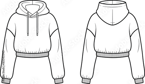 Cropped hoodie fashion flat sketch, front and back view, drawstring hood, dropped shoulder, ribbed cuffs and hem, black and white vector