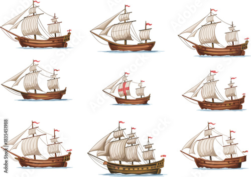 Cartoon sailing ship illustration set, vintage wooden vessels with sails and flags, maritime exploration theme, vector collection, white background