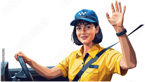 Smiling female taxi driver in yellow uniform waving inside car