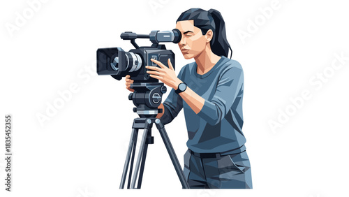 Film director operating professional camera on tripod with confident expression